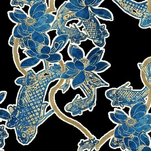Blue Gold Koi Lotus on Black (Thick white outline)