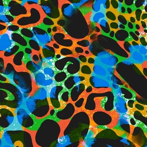 Wild Cat Bold Abstract Animal Print Large Jumbo Neon Blue, orange, green,  Black