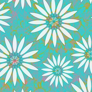 Abstract  large white daisy on green chevron background