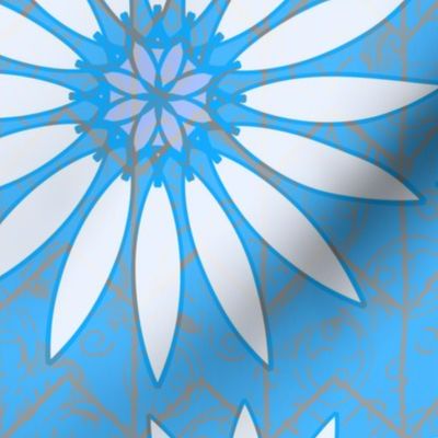 Abstract  large white daisy on blue chevron background
