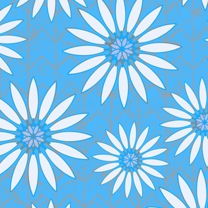Abstract  large white daisy on blue chevron background