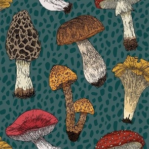 Vintage Mushrooms| Autumn inspired fungi antique wallpaper|  Home decor Fall Mushroom Fabric | Blue | Textured background