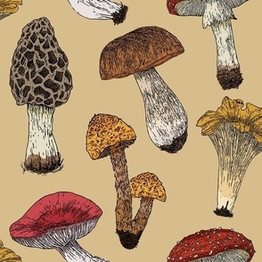 Vintage Mushrooms| Autumn inspired fungi antique wallpaper|  Home decor Fall Mushroom Fabric - Beige
