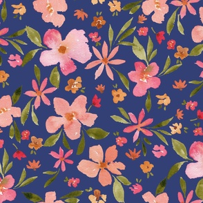 Watercolor floral 45 inch, pink and green on starry night blue - extra large