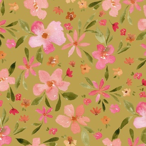 Watercolor floral 45 inch, pink and green on savannah green