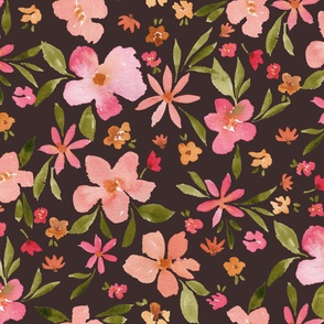 Watercolor floral 45 inch, pink and green on wenge