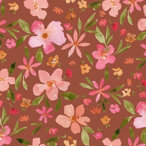 Watercolor floral 45 inch, pink and green on cinnamon large
