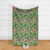 Vintage bright pink roses on green emerald background / Large scale