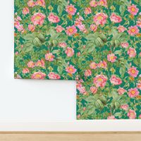 Vintage bright pink roses on green emerald background / Large scale