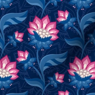 JACOBEAN FLORAL 02 pink and blue