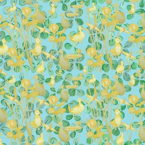 Yellow Ducks on Clover Blue