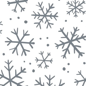 Minimalist snowflake doodles - gray on white background - large scale for bedding and wallpaper