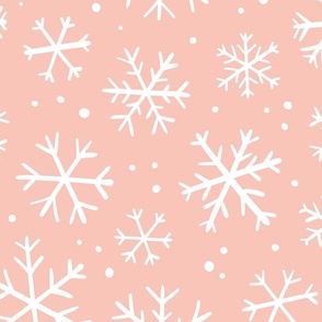 Minimalist snowflake doodles - light salmon pink background -  large scale for bedding and wallpaper