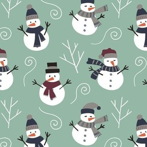 Happy snowmen with scarfs light teal green - small scale 6 " repeat