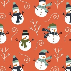 Happy snowmen with scarfs orange red - small scale 6 " repeat