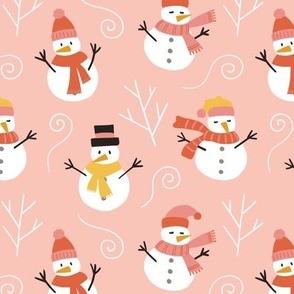 Happy snowmen with scarfs salmon pink - small scale 6 " repeat