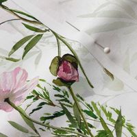 14"  Hand painted Pink Watercolor Poppy Blossoms, Green Branches Vines and Climers, Wild Peas, Wildflowers Herbs And Greenery -  Perfect for Nursery home decor and wallpaper -white double layer