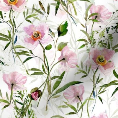 14"  Hand painted Pink Watercolor Poppy Blossoms, Green Branches Vines and Climers, Wild Peas, Wildflowers Herbs And Greenery -  Perfect for Nursery home decor and wallpaper -white double layer