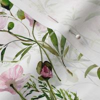 10"  Hand painted Pink Watercolor Poppy Blossoms, Green Branches Vines and Climers, Wild Peas, Wildflowers Herbs And Greenery -  Perfect for Nursery home decor and wallpaper -white double layer