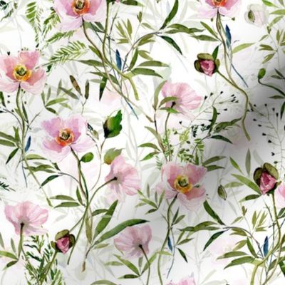 10"  Hand painted Pink Watercolor Poppy Blossoms, Green Branches Vines and Climers, Wild Peas, Wildflowers Herbs And Greenery -  Perfect for Nursery home decor and wallpaper -white double layer