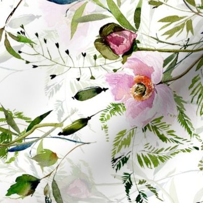 Turned left 21"  Hand painted Pink Watercolor Poppy Blossoms, Green Branches Vines and Climers, Wild Peas, Wildflowers Herbs And Greenery -  Perfect for Nursery home decor and wallpaper -white double layer
