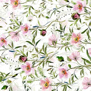 Turned left 21"  Hand painted Pink Watercolor Poppy Blossoms, Green Branches Vines and Climers, Wild Peas, Wildflowers Herbs And Greenery -  Perfect for Nursery home decor and wallpaper -white double layer