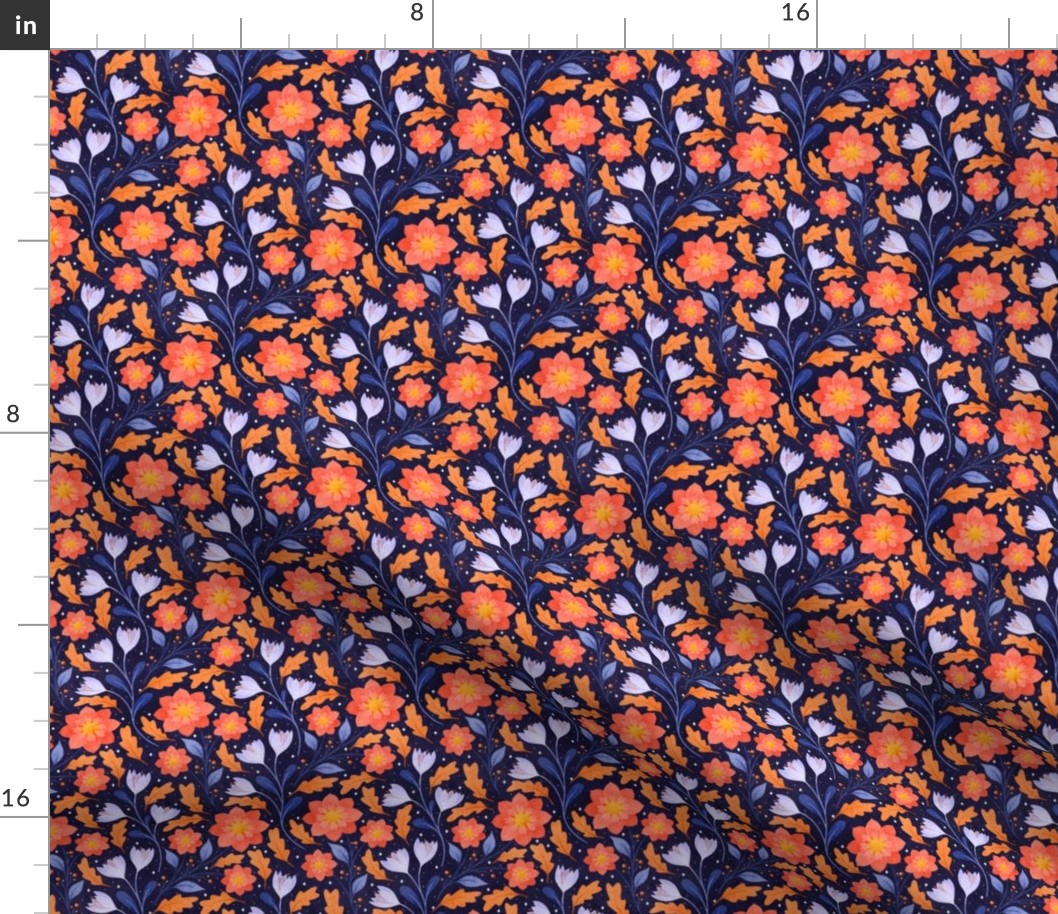 Fall Floral Autumn Crocus and Dahlia | Dark Blue