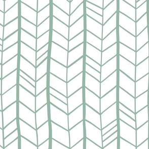 Irregular hand-drawn herringbone patter -  light teal green on white - large scale for bedding and wallpaper