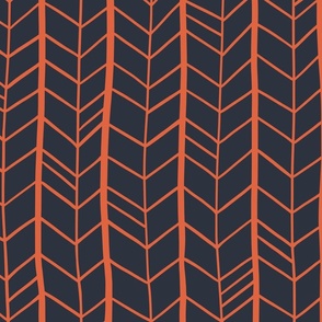 Irregular hand-drawn herringbone pattern -  orange on dark blue - large scale for bedding and wallpaper
