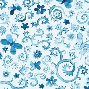 watercolor butterflies and flowers in blue | large