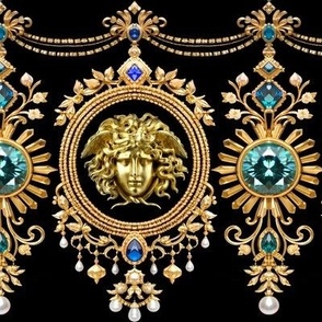 24 gold medusa head portrait gems jewels blue Sapphire aquamarine pearls baroque rococo festoon garland swags acanthus flowers floral leaves leaf white swirls Victorian medallion roman greek neoclassical red carpet haute couture runway versac inspired    