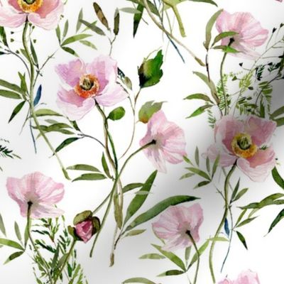 14" Hand painted Pink Watercolor Poppy Blossoms, Green Branches Vines and Climers, Wild Peas, Wildflowers Herbs And Greenery -  Perfect for Nursery home decor and wallpaper -white