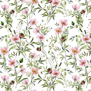 14" Hand painted Pink Watercolor Poppy Blossoms, Green Branches Vines and Climers, Wild Peas, Wildflowers Herbs And Greenery -  Perfect for Nursery home decor and wallpaper -white