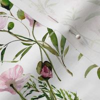 10" Hand painted Pink Watercolor Poppy Blossoms, Green Branches Vines and Climers, Wild Peas, Wildflowers Herbs And Greenery -  Perfect for Nursery home decor and wallpaper -white