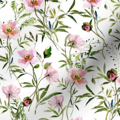 10" Hand painted Pink Watercolor Poppy Blossoms, Green Branches Vines and Climers, Wild Peas, Wildflowers Herbs And Greenery -  Perfect for Nursery home decor and wallpaper -white