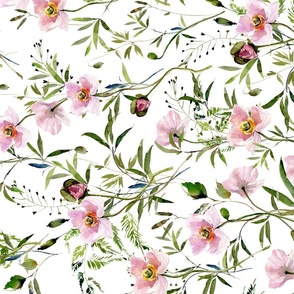 Turned left 21" Hand painted Pink Watercolor Poppy Blossoms, Green Branches Vines and Climers, Wild Peas, Wildflowers Herbs And Greenery -  Perfect for Nursery home decor and wallpaper -white