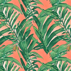 Coral background and palm leaves