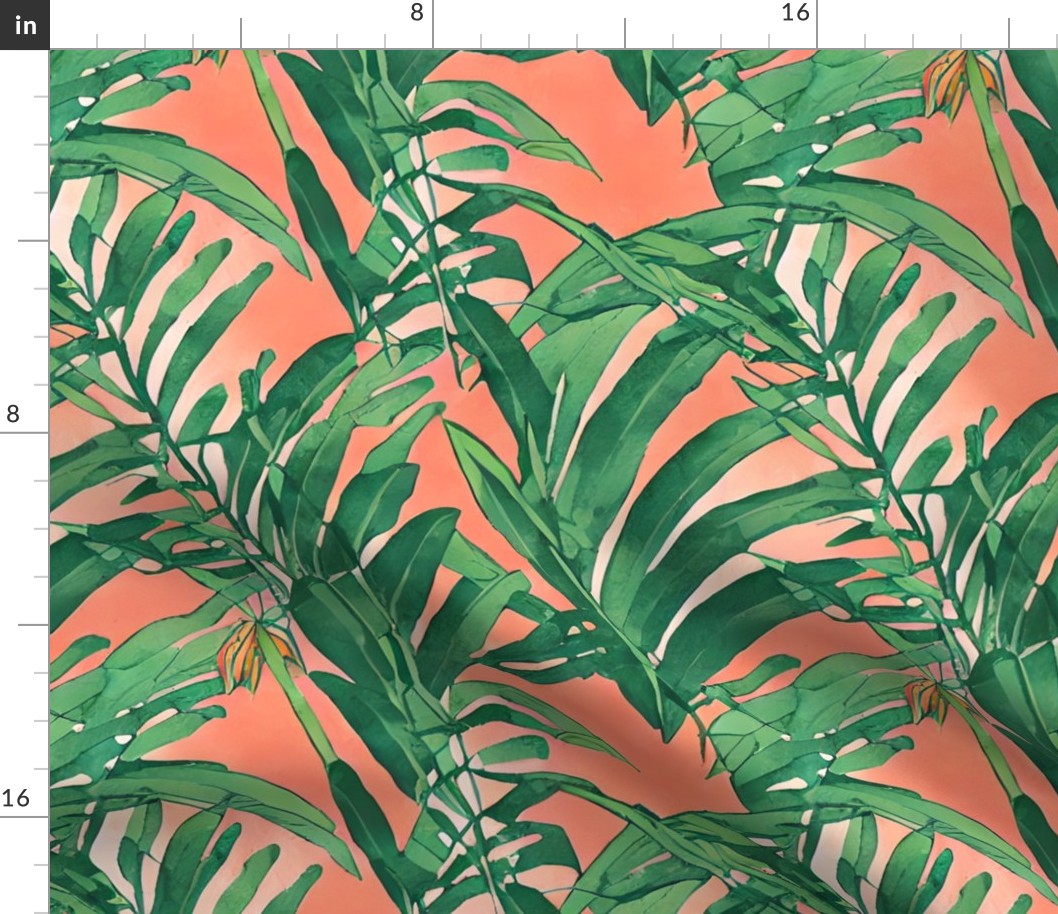 Coral background and palm leaves