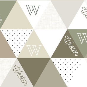 westen: nickainley font on 6" triangle wholecloth: mossy, verde, cypress, maple, cake batter, moth