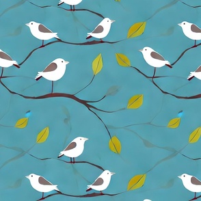 modern colored Birds on tree branches with leaves 