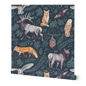 230201 Moonlit Meadow / Jumbo Print (24-inch repeat) Halloween Aesthetic Woodland Fall Forest Animals on a Dark Blue Background