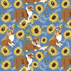 small scale // Collie Puppies and Yellow Sunflowers on blue denim 