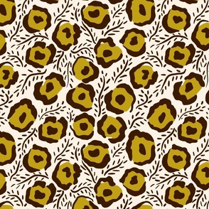 Yellow-Green and Brown Floral Doodles / Modern Fashion Fabric Design