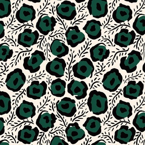 Green and Black Floral Doodles / Modern Fashion Fabric Design