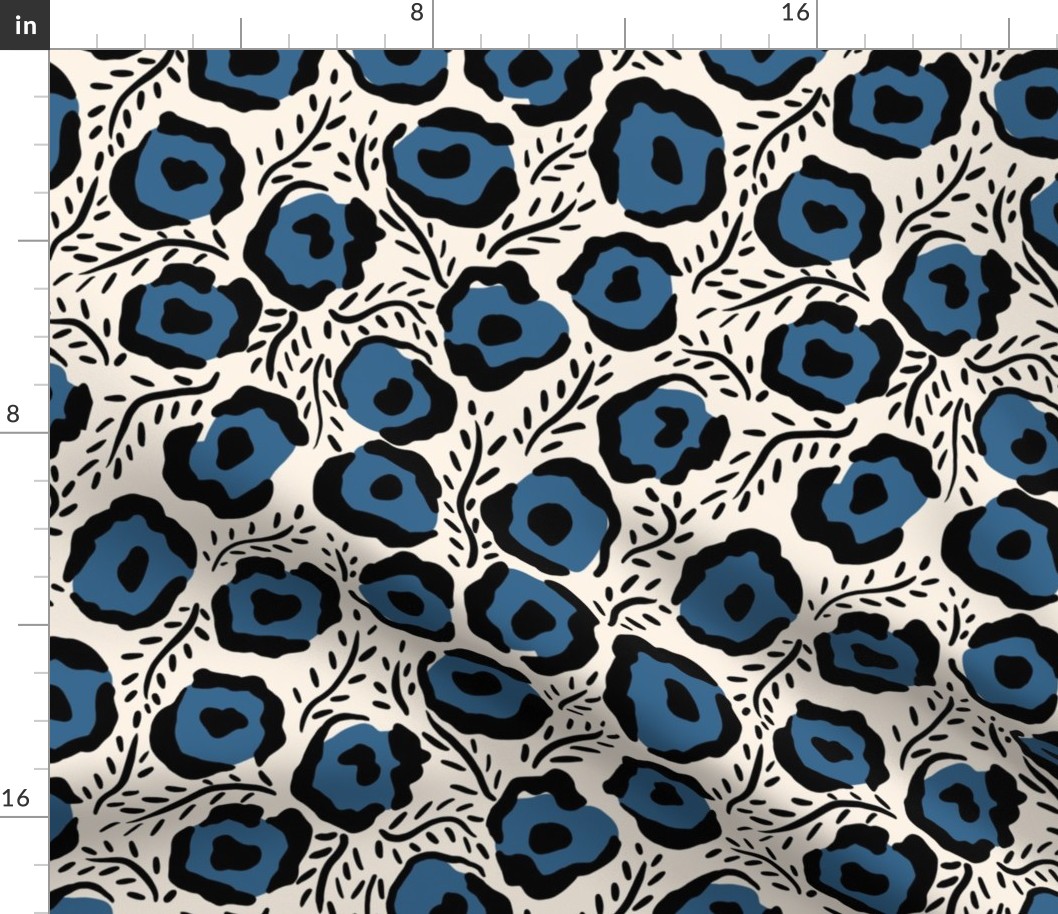 Blue and Black Floral Doodles / Modern Fashion Fabric Design