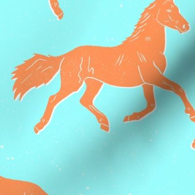 orange horse- block print- light blue background