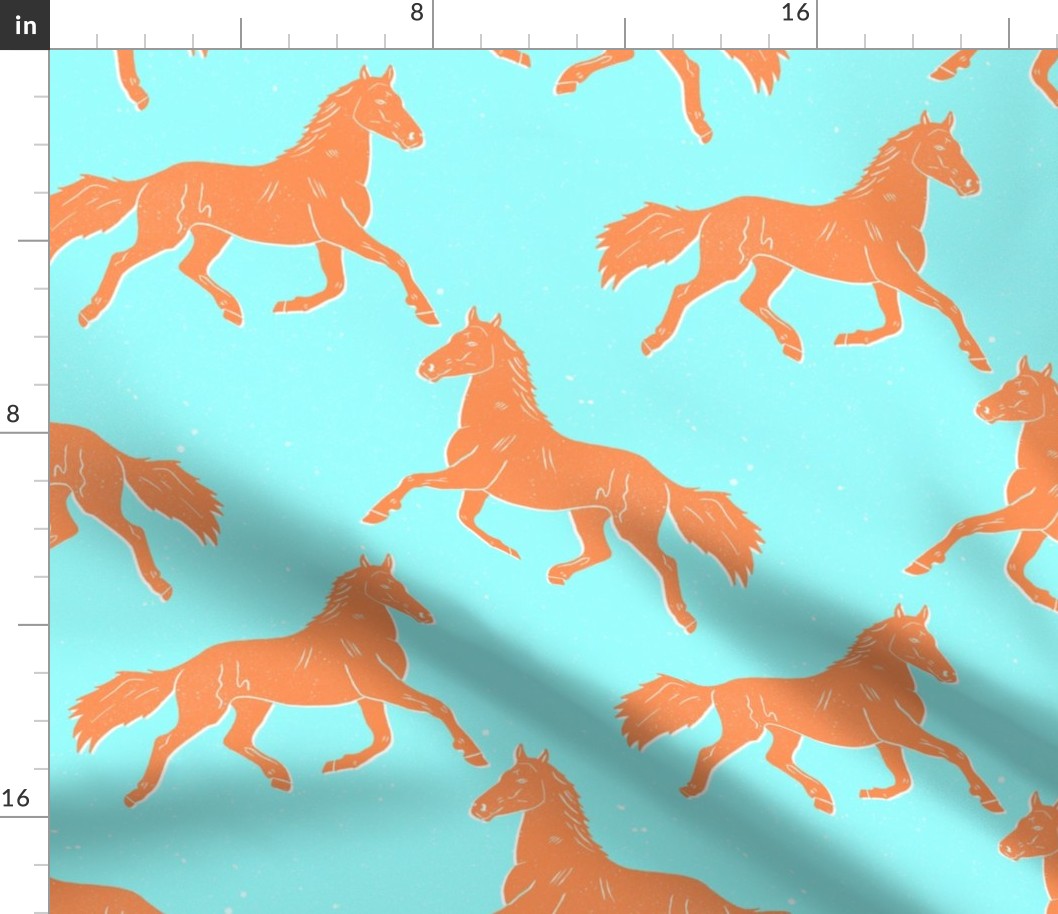 orange horse- block print- light blue background
