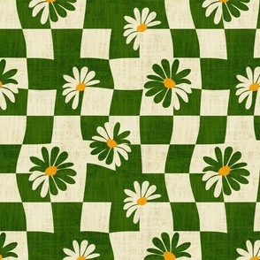 Retro Whimsy Daisy Check- Flower Power Wavy Checks- Sap Green Eggshell Floral Groovy Gingham- Spring- Regular Scale