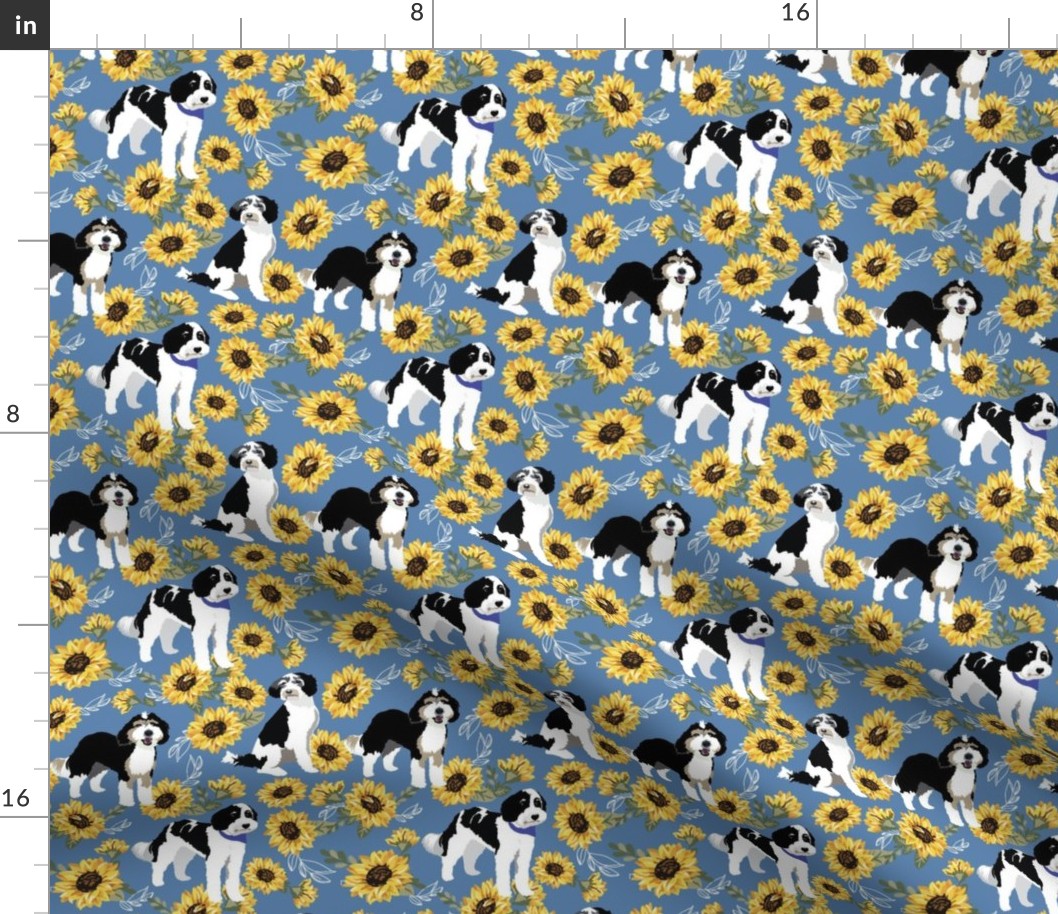 small print // Bernedoodle dog black white doodle dog yellow sunflower on blue denim