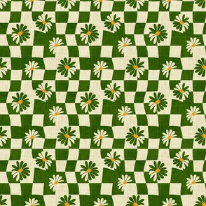 Retro Whimsy Daisy Check- Flower Power Wavy Checks- Sap Green Eggshell Floral Groovy Gingham- Spring- Small Scale